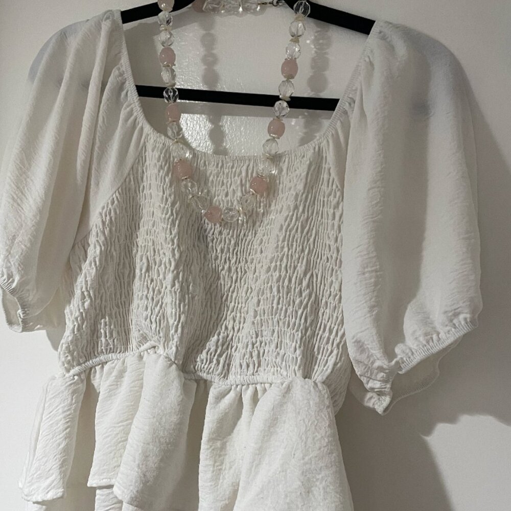 Plus Size X White Smocked Peplum Blouse with Puff Sleeves